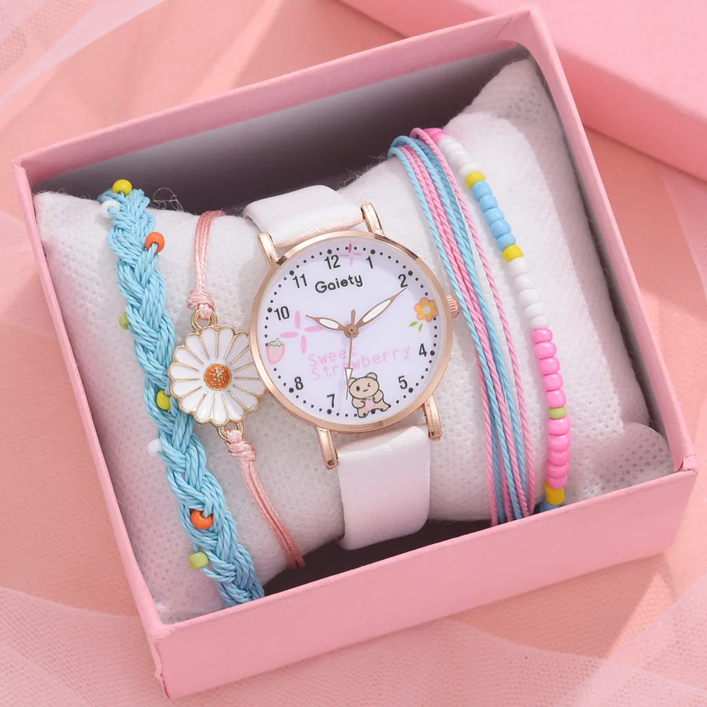 New 5pcs Women Watch Bracelet Set Leather Cute Bear Girls Wristwatch Fashion Ladies Quartz Clock reloj mujer Students' Gift