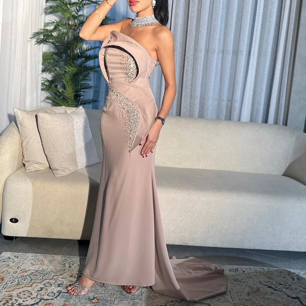 

Customized Exquisite Pleats Crystal Strapless Panel Train Evening Dress Graceful Mermaid Jersey Pink Zipper Back Party Dress