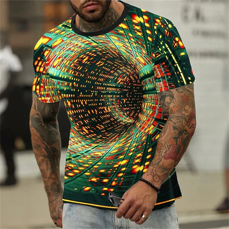 Men's Short Sleeve T Shirt 3D Vortex Tunnel Optical Illusion Geometric Gradient Print Street Casual Tops Men Clothes