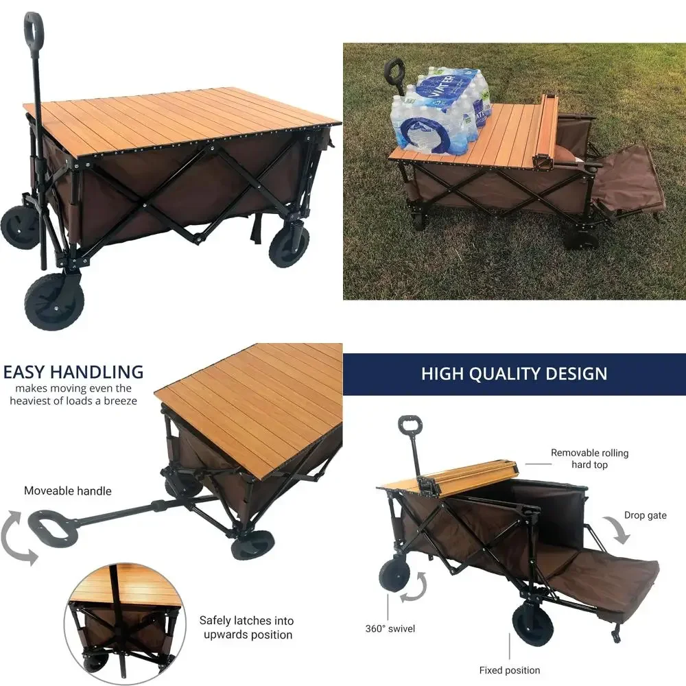 

Collapsible Garden Utility Wagon with Wooden Roll Top, Adjustable Handle, Drop Gate, All-Terrain Wheels, and Heavy-Duty Folding
