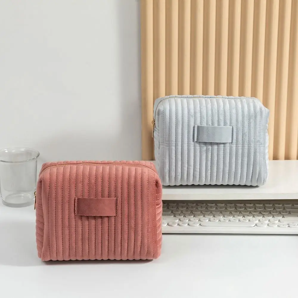 Multi-purpose Velvet Makeup Bag Soft Touch Striped Quilting Toiletry Bag Large Capacity Cosmetic Pouch Girls