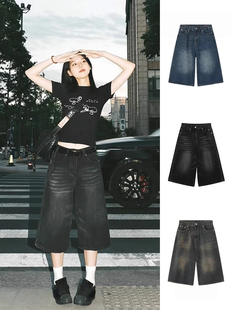 Vintage Black Low Waist Washed Denim Short Pants Women Retro Fashion Casual Loose Fit Y2K Streetwear Wide Leg Jeans 2024 Summer