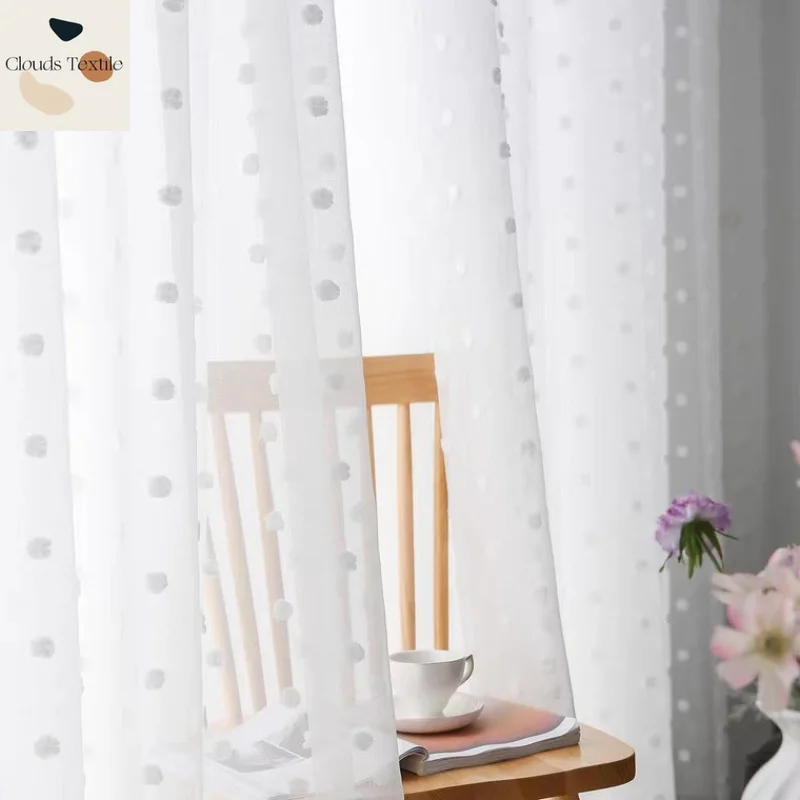 Window Screen Translucent Jacquard Yarn White Solid Color Yarn Three-dimensional Pom Poms Versatile Japanese Living Room
