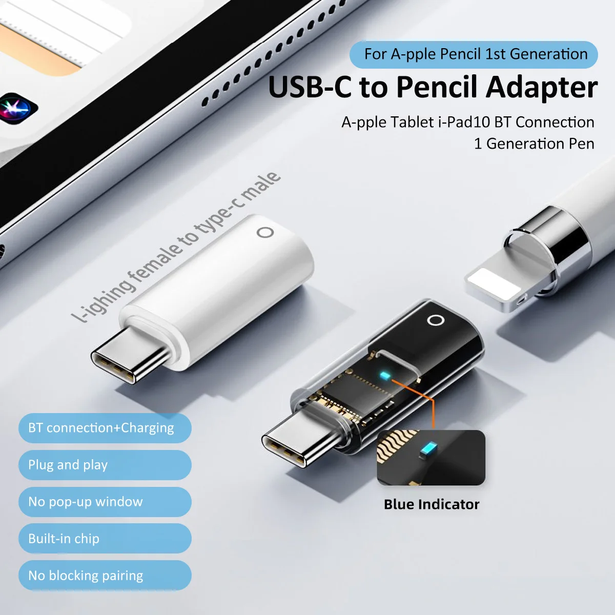 For iPad 10th Gen USB C Pencil Adapter for Apple Pencil 1st Generation iPencil Dongle Connector Type C to for IOS Charge Adapter