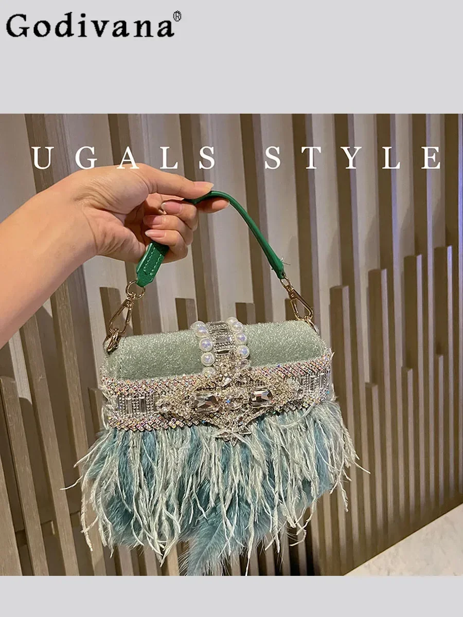 Fashion All-Match Women's Shoulder Bag Autumn Winter Tassel Ostrich Furry Velvet Shiny Diamonds Banquet Clutch Crossbody Bags