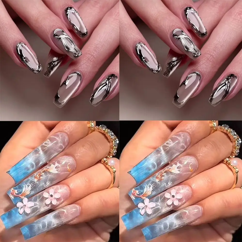 24枚入り ロングバレリーナ つけ爪 メタリックシルバー キャッツアイ ライブリー鯉 ピーチフラワー ネイルチップ シーブルー グラデーション フルカバー