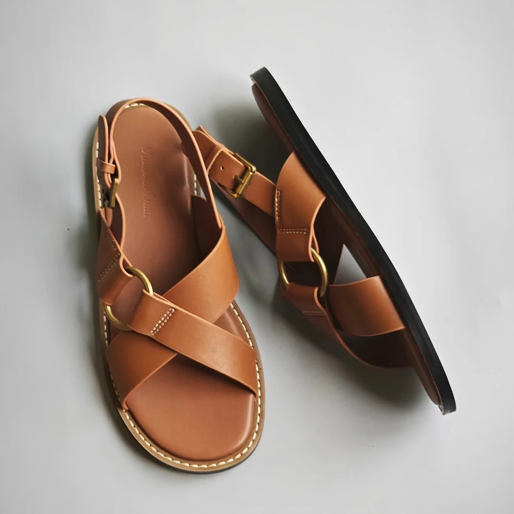 Mrxmus Retro Roman Designer Sandals Female 2024 New In Solid Color Leather Sandalias Cross Strap Design Fashion Flat Sandals