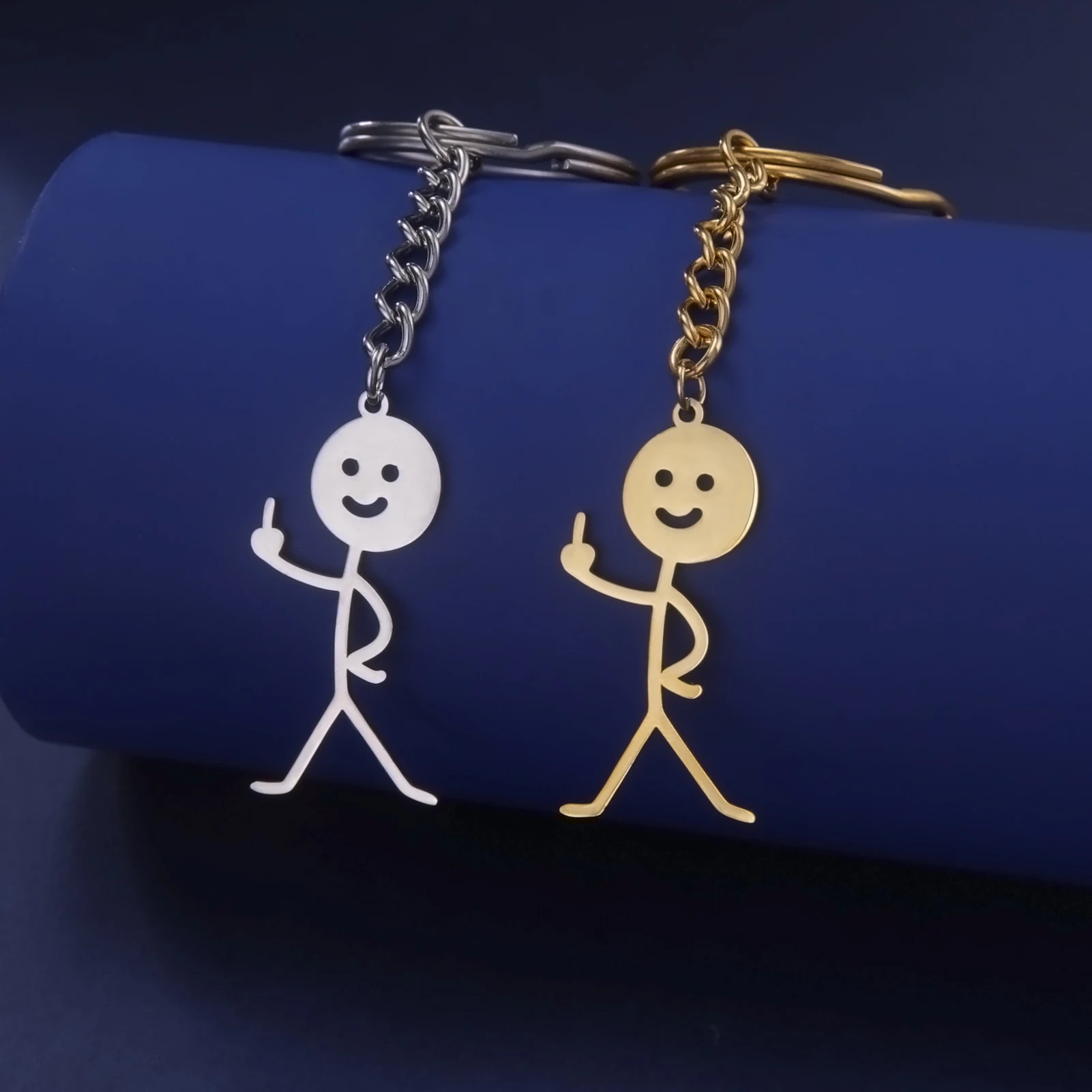 Funny Middle Finger Stickman Keychain School Bag Car Key Ring Trinket Gift For Men Woman Kid Child Stainless Steel Metal Jewelry