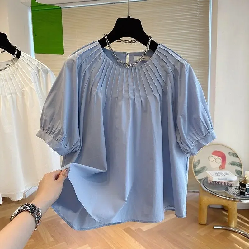 KUSAHIKI Korean Folds O-neck Puff Sleeve Doll Shirt Chic Sweet Womens Tops 2023 Summer New Solid Pullover Blusas De Mujer