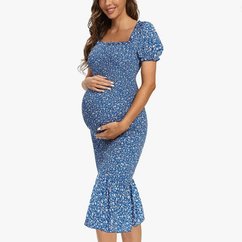 Summer Floral Print Maternity Dress For Pregnant Women Pleated Hem Dresses Slim Long Pregnancy Casual Clothes New Woman Clothing