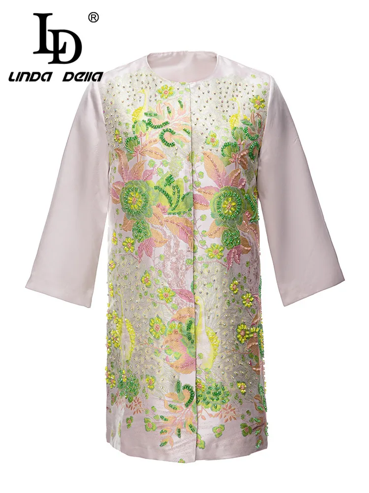 

LD LINDA DELLA 2023 Summer Fashion Designer Dress Women's Round Neck Extravagant Nail Bead Splice Print Loose Mini Dress