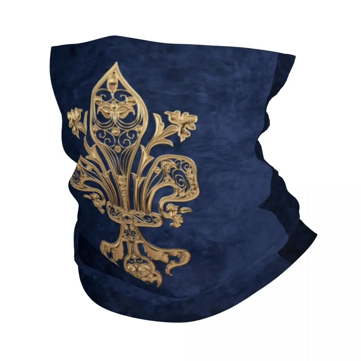 Gold Filigree Fleur De Lis Bandana Neck Warmer Women Men Winter Hiking Ski Scarf Gaiter Fleur-De-Lys Lily Flower Face Cover