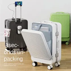 Suitcase Front Opening Laptop Bag Luggage USB Cup Holder Travel Bags Cabin Carry-on Suitcases 18/20/26/28