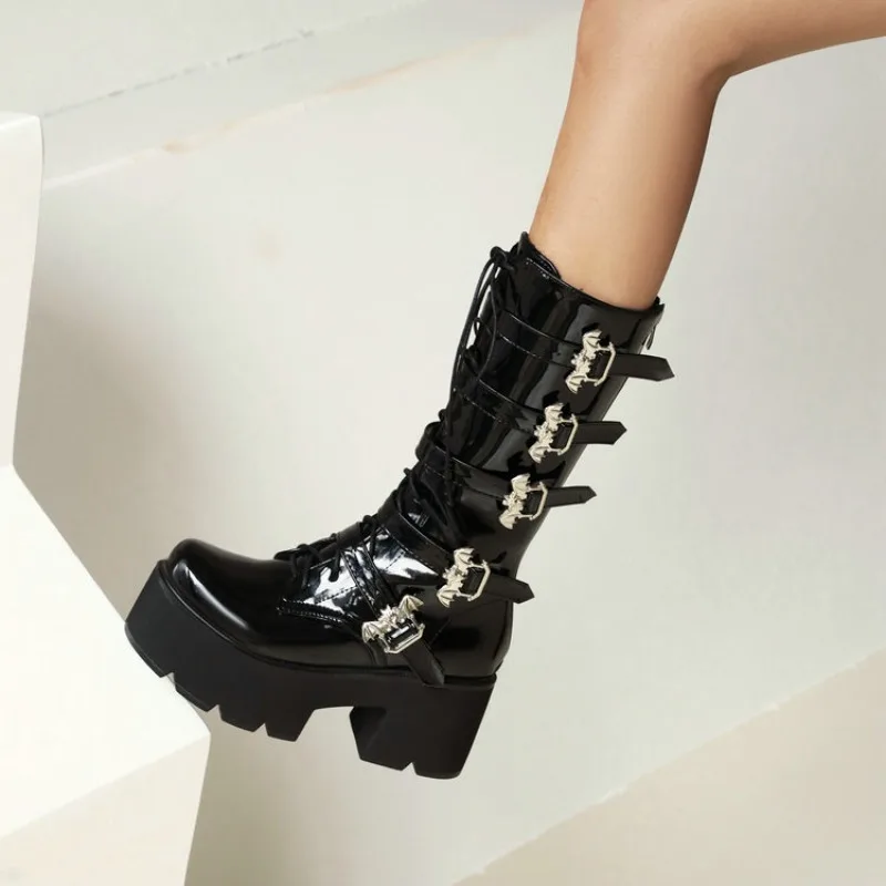 Patent Leather Quality Women Shoes Autumn Winter Coarse Following 7.5CM Mid-Calf Boots Front Lace Up Platform Belt Buckle Boots