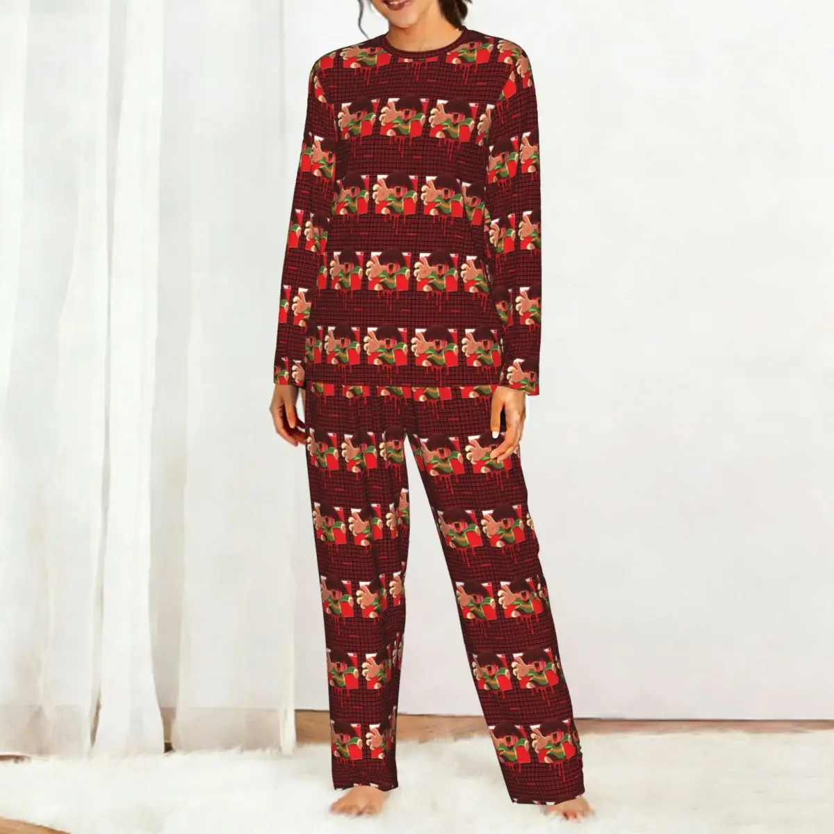 Undertale Cartoon Round Neck Long Sleeve Nightgowns for Sleeping Sleepshirts Women Loose Pajama Set Long Pants