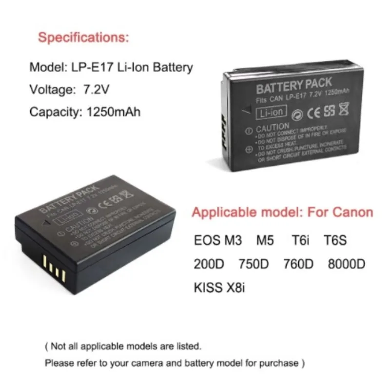 1250mAh 7.2V LP-E12 LPE12 E12 Battery for Canon EOS M3 M5 M6 200D 750D 760D T6i T6s 8000D, Kiss X8i Camera Batteries