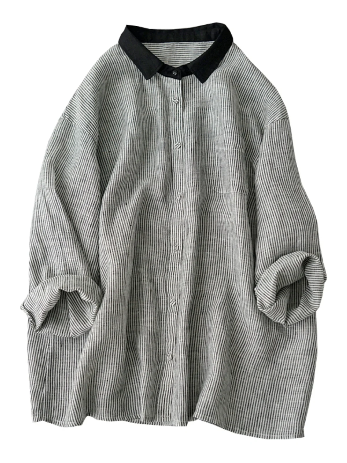Loose Fit Women's Long Sve Striped Linen irt Versatile Autumn Faion Commute Sle Casual  Collar Button up Top