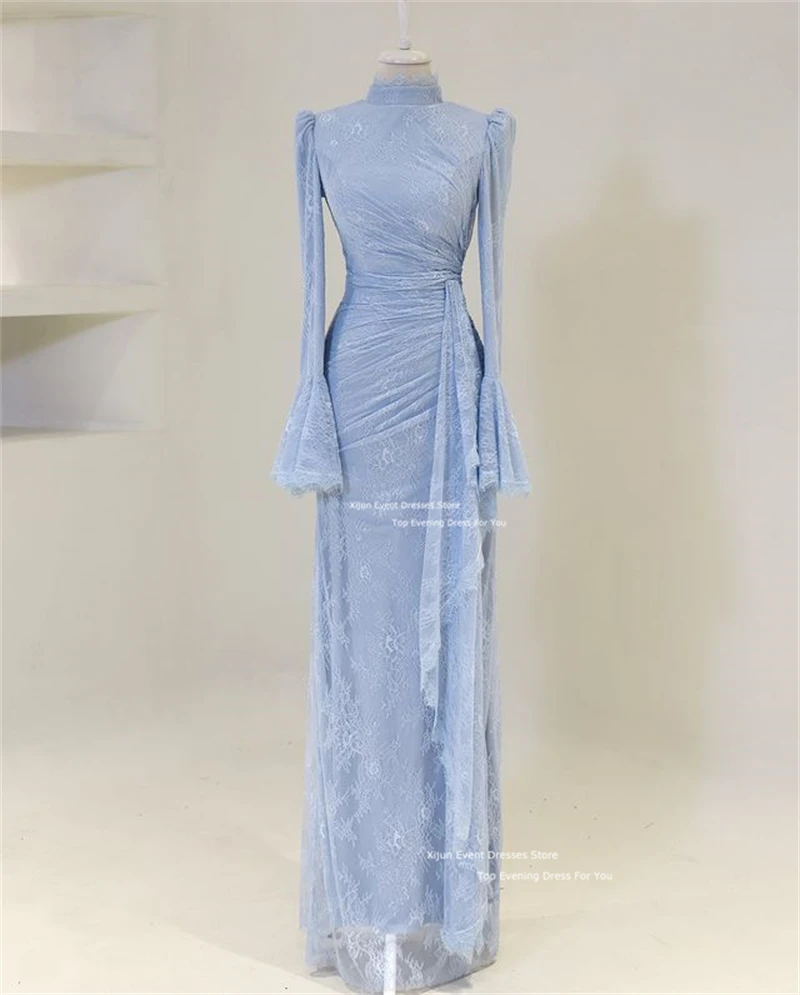 Xijun Modest Full Lace Long Evening Dresses High Collar A-Line Prom Dresses Muslim Moroccan Kaftan Formal Prom Gowns Customized image 3