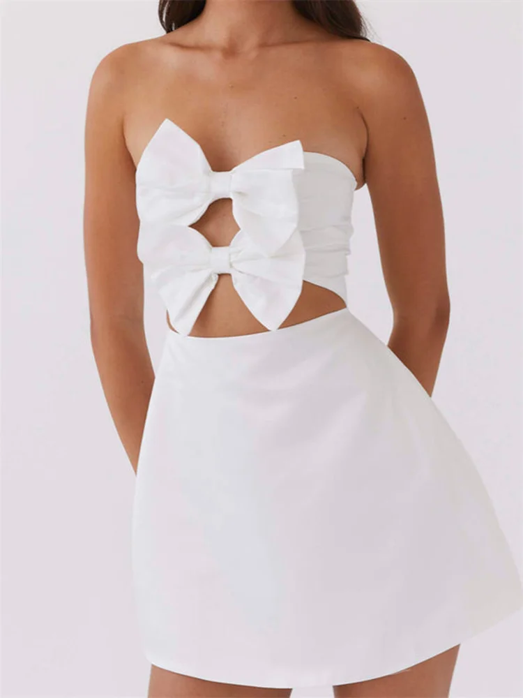 CHRONSTYLE فستان نسائي بدون حمالات أنيق بفيونكة مرقعة بدون ظهر فستان قصير لحفلات الكوكتيل والشاطئ ملابس الشارع 2025