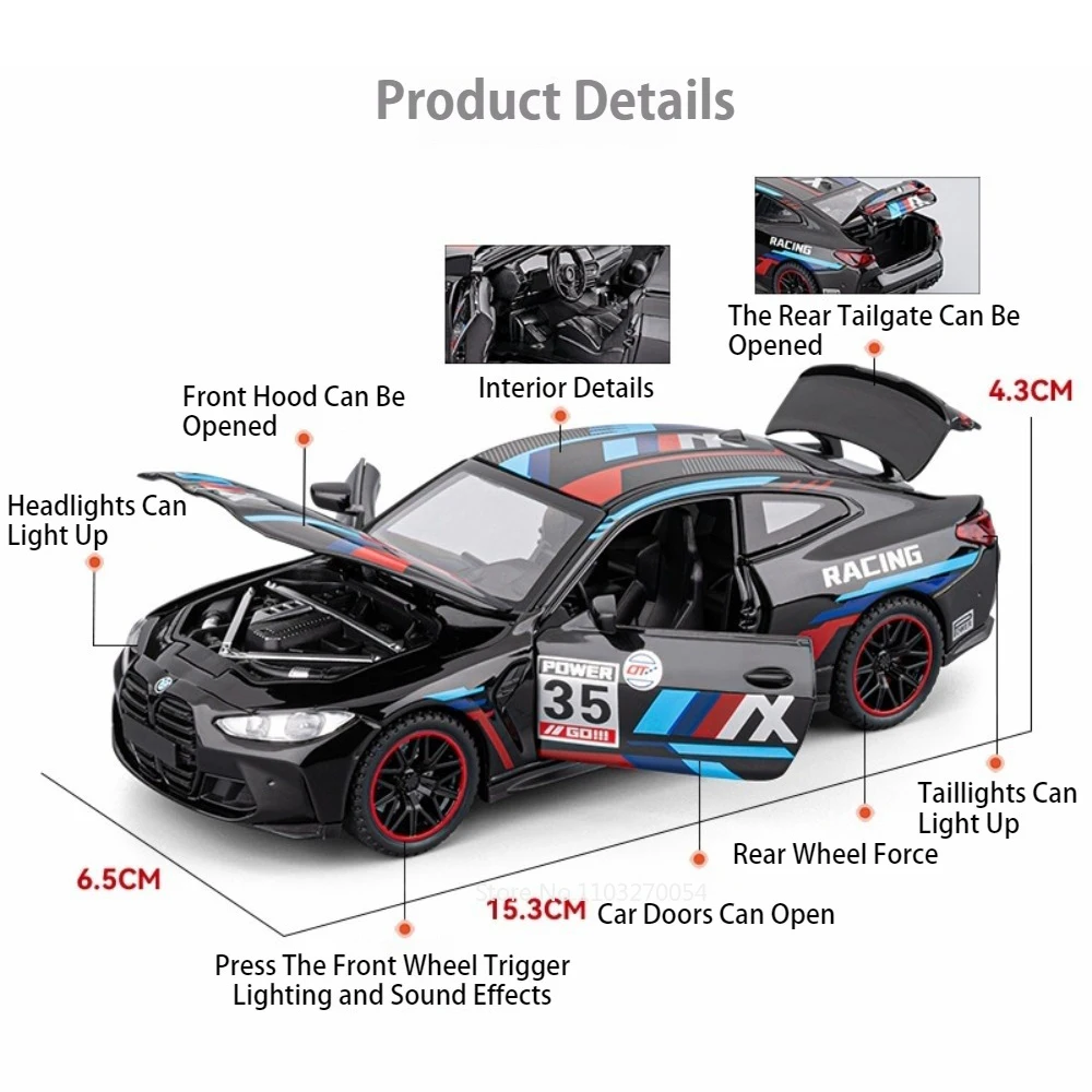 Modelo en miniatura M4 GTR M8, juguetes de aleación fundida, puertas de coche, sonido abierto, luz, vehículos de simulación, adorno de moda para niño, 1:32