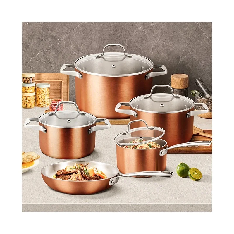 9Pcs Multifunctional 304 Triply Copper Stainless Steel Cooking Pot Sets Nonstick Cookware Set