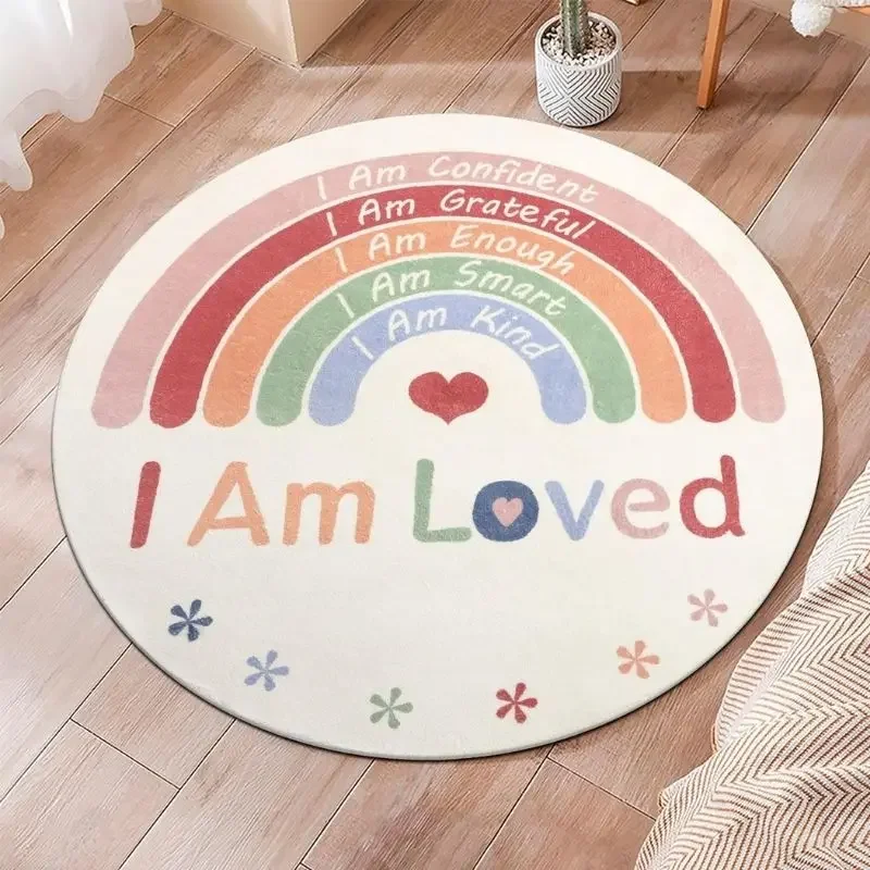 Rainbow Fluffy Carpet For Living Room，Round Hairy Nursery Play Mats For Children,Heart Plush Kids Bedroom Rug，Soft Kids Rugs