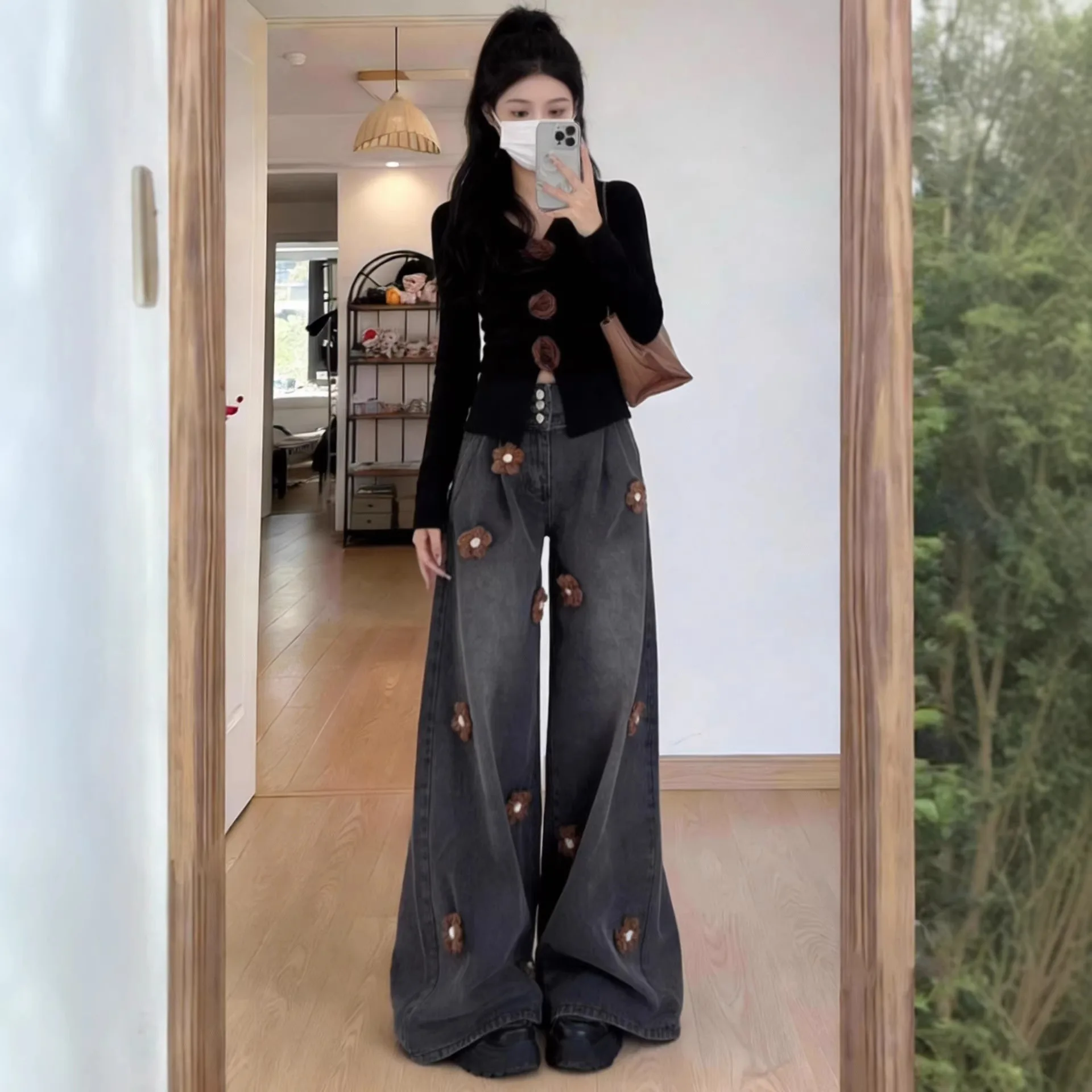 

Винтажные серые джинсы с широкими штанинами, 3D-аппликацией в виде цветов, высокой талией, в стиле Харадзюку Y2K, уличный шик, милые повседневные брюки