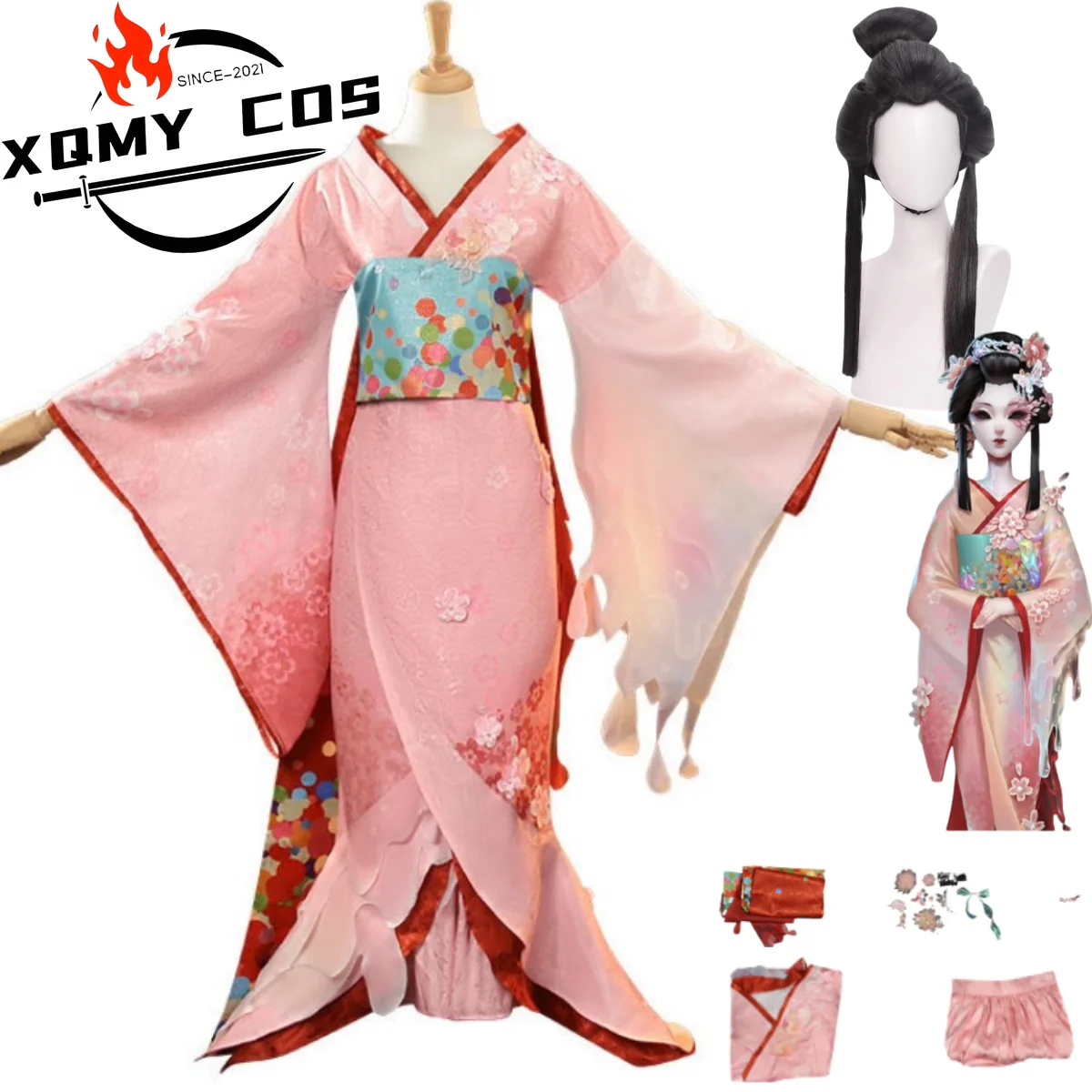 

XqAnime Game Identity V Michiko Geisha Косплей Костюм Японское Кимоно Халат Юбка Парик Женский Сексуальный Традиционный Фестивальный Костюм