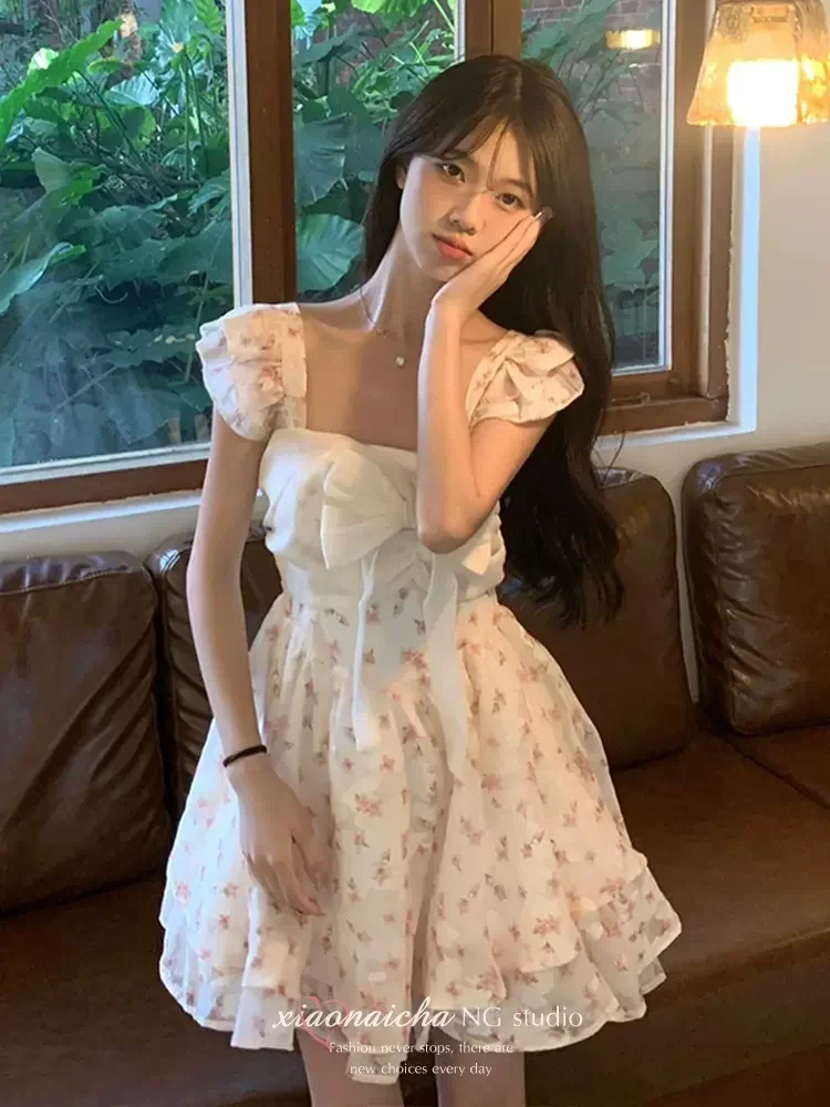 Bloemen Mini Jurk Vrouwen Zoete Zomer Strik Pure Prinses Mouwloze Humeur A-Lijn Vestidos Meisjes Trendy Esthetische Streetwear Chic