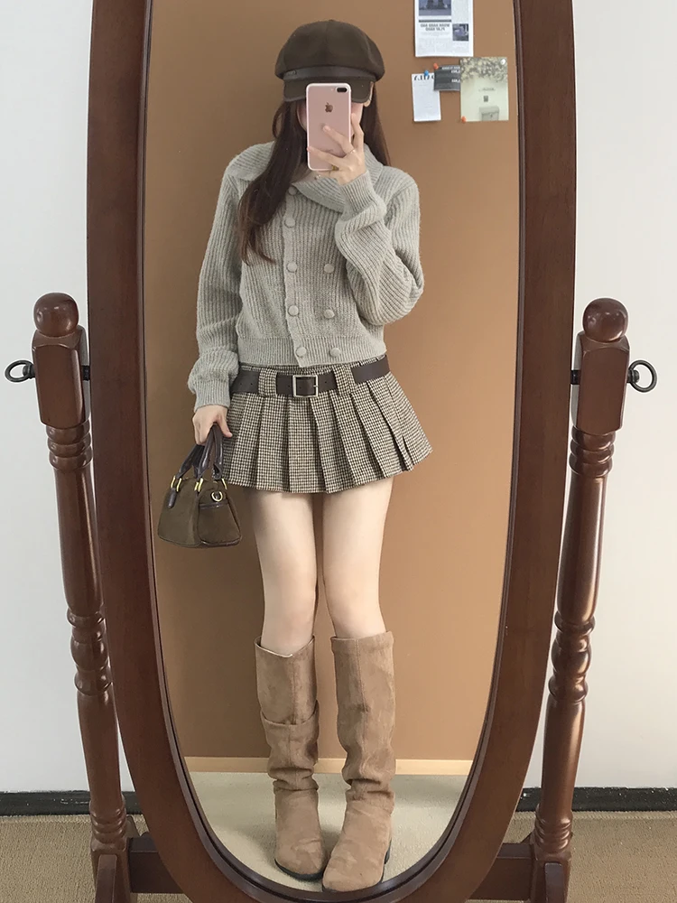 Cardigan tricoté rétro coréen pour femme, pull ouvert, taille haute, Slim, jupe plissée, ensemble Faion, nouvelle collection automne 2025