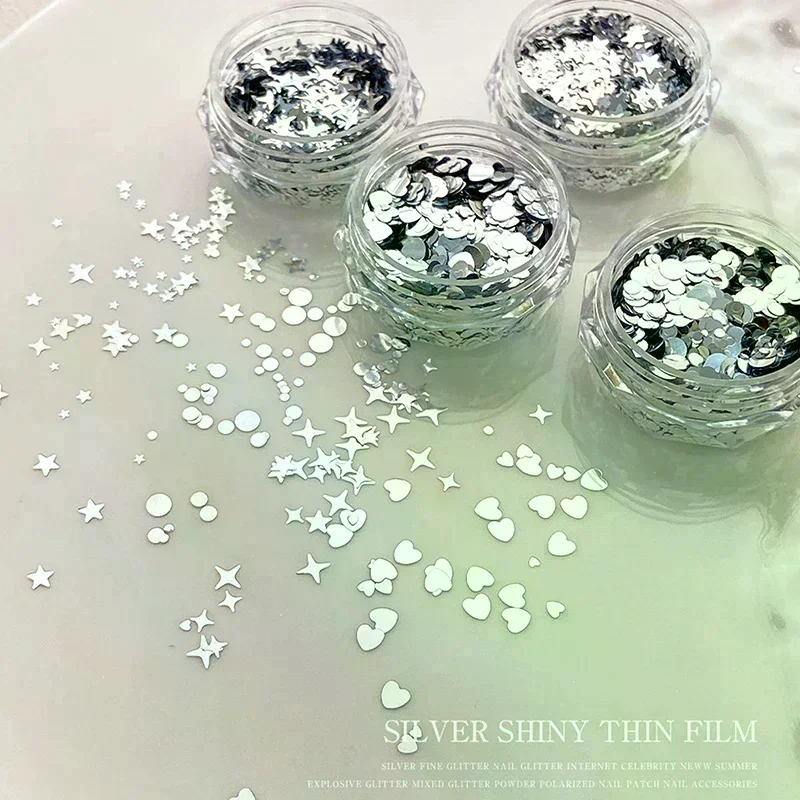 1 جرة لامعة الفضة الترتر مزيج الأشكال ضوء النجوم الحب ستار شريحة الشارات مانيكير Paillette سحر مسمار الفن ملصقات