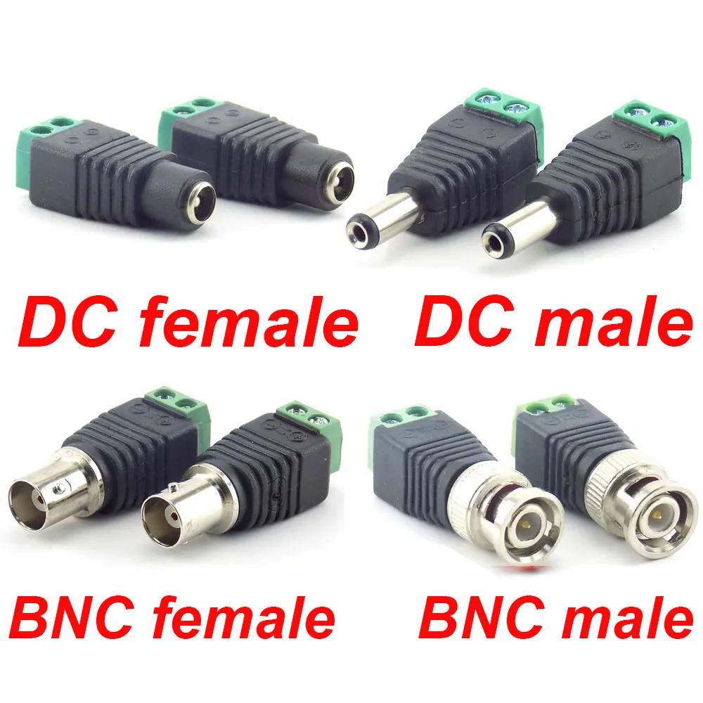 10pcs 12V 2.1*5.5mm DC BNC Male Female Adapter Coax CAT5 Video Balun Plug Connector for Led Strip Lights CCTV Camera Accessories