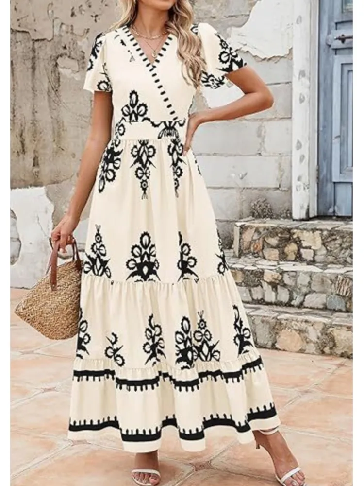 

Casual Boho Print Dress For Women Fashion Short Sleeve V Neck High Waist Loose Dresses Robe Femme Holiday Beach Skirt Summer New
