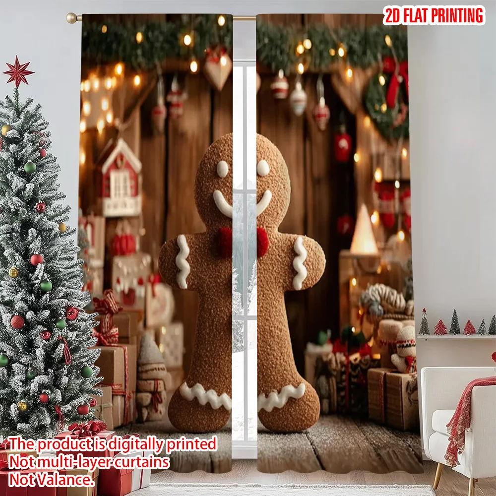 

2pcs 2D flat printing Merry Christmas Popular Window Curtains Christmas gingerbread man Durable 100% Polyester Fabric Without