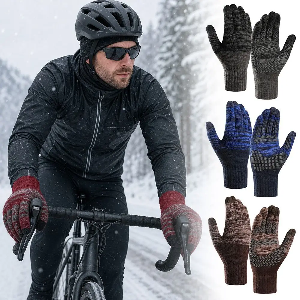Fashion Large Size Winter Knitted Gloves Warm Thickened Touch Screen Gloves Non-Slip Soft Cycling Gloves for Men