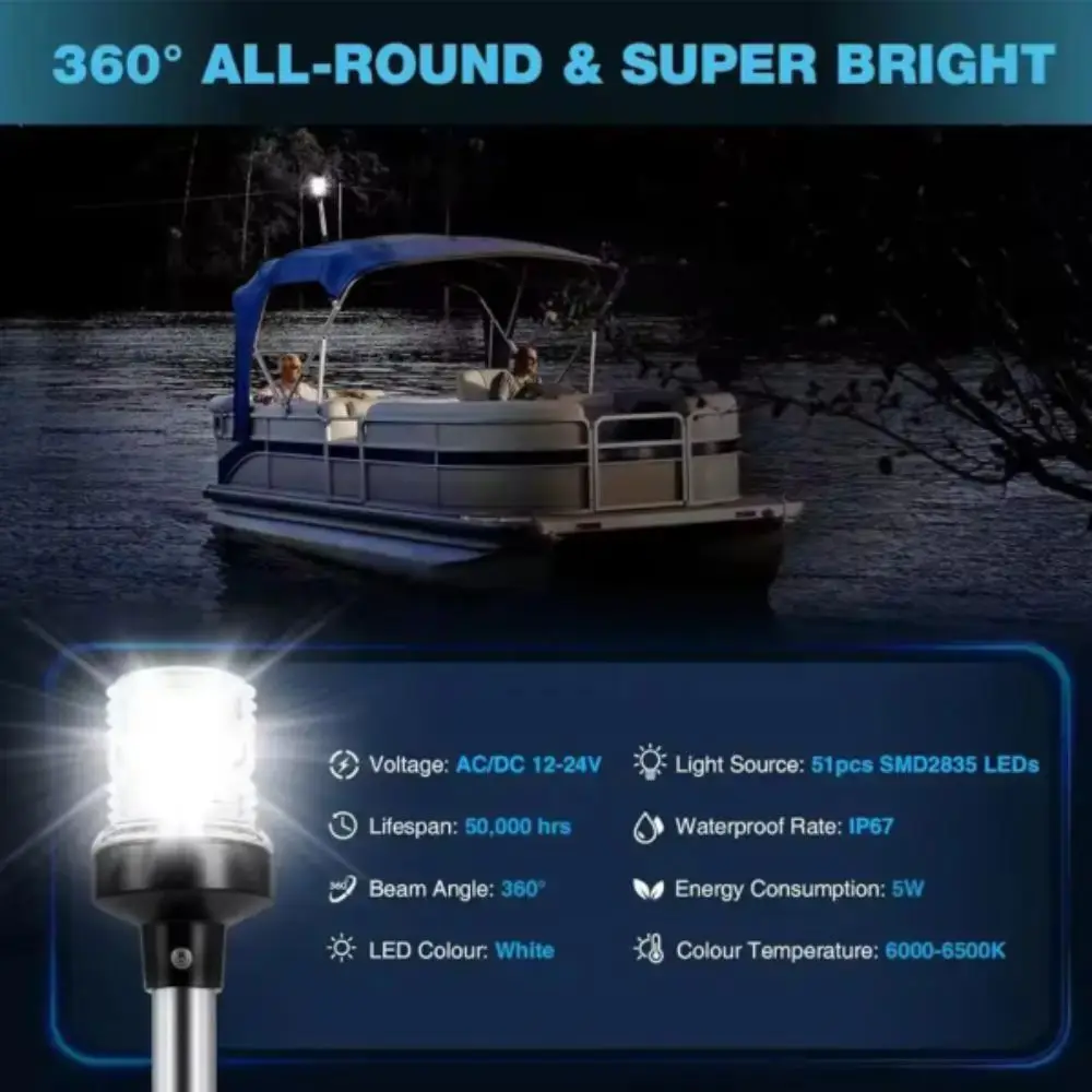 

Aluminum Alloy Rod LED Anchor Light Fold Down Design Easy Installation Marine Navigation Light White Light Sturdy Construction