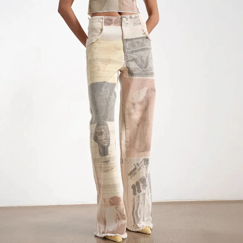 Women's Jeans Retro High Waisted Printed Straight Leg Denim Pants 2026 New Autumn Winter Patchwork Loose Floor Pants