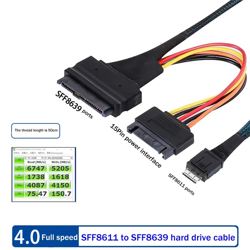 ABEP-Mini SAS Oculink 4I High-Speed PCIE 4.0 SFF-8611 To 8639 U.2 Hard Disk Data Cable SFF8611 To SFF8639 Hard Disk Cable