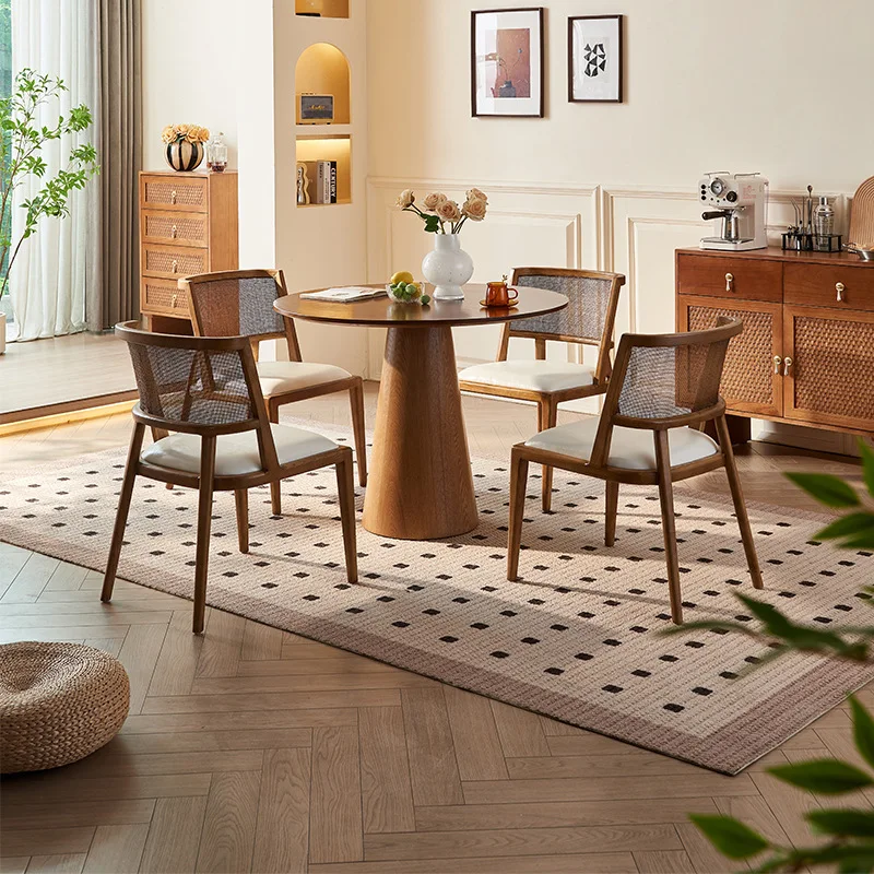 

Customizable New Chinese Rattan Solid Wood Dining Table Modern Simple Wabi Wind Hotel Restaurant Soft Bag Backrest Rattan
