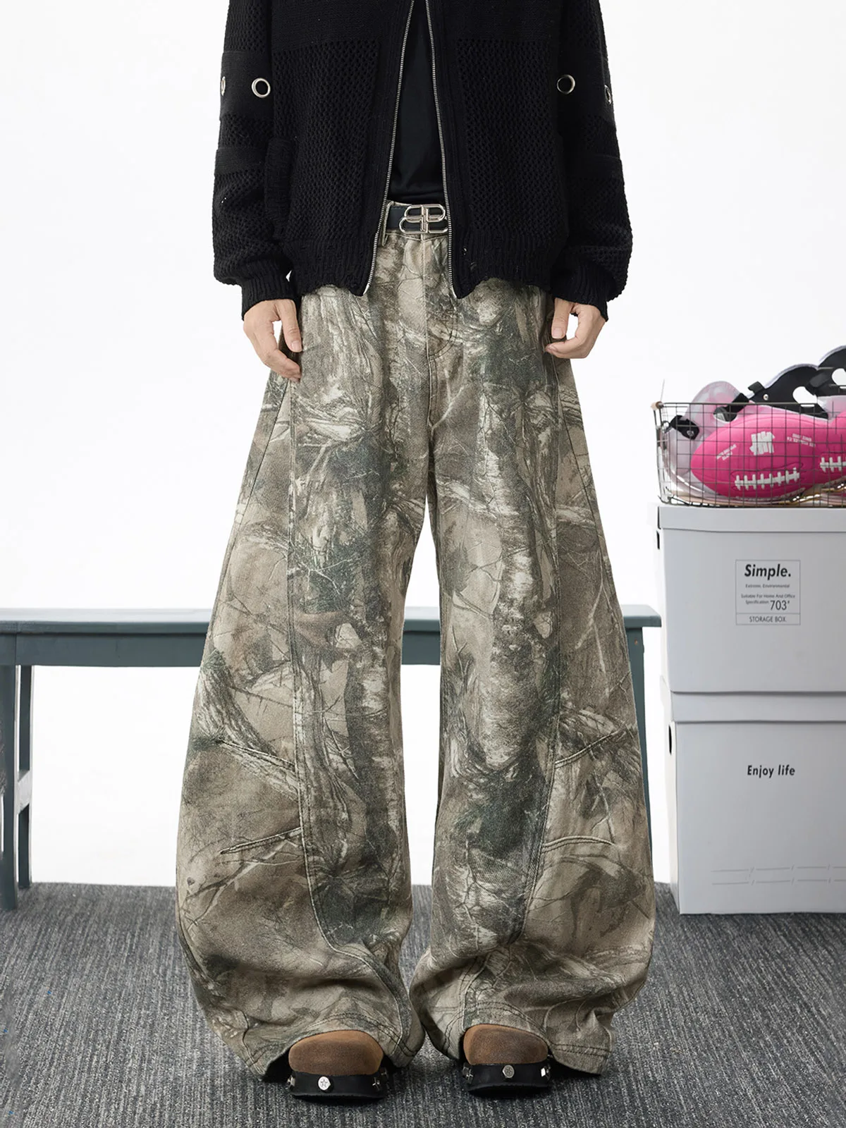 Calça Jeans Unissex Estilo Americano Retrô Camuflado, Perna Larga, Modeladora, Design High Street, Solta e Fluida, Corte Bootcut