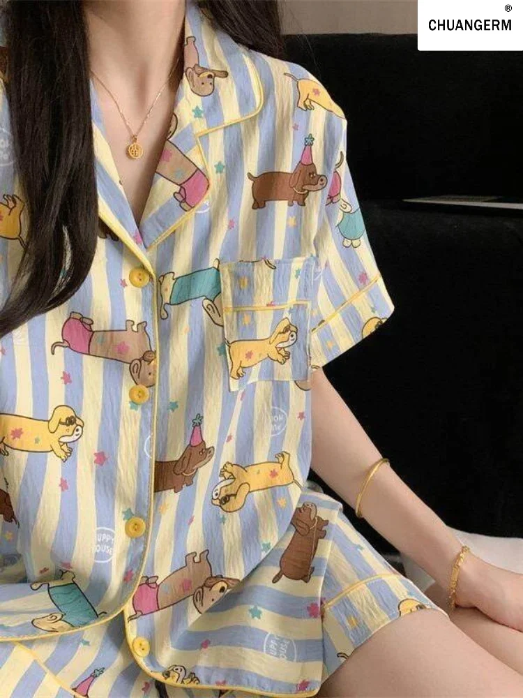 CHUANGERM Summer 2026 New Womens Pajamas Cute Dachshund Sausage Striped Short Sleeve Tops Shorts Sleepwear Fashion Cute Home 4