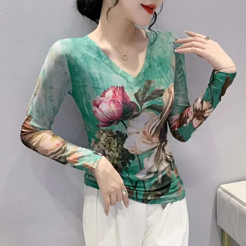 

Women's Green Floral Print Sheer Mesh V Neck Long Sleeve Slim Fit Blouse