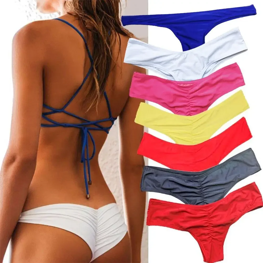 

Women's Panties Bikini Briefs Sexy Ruched Solid Color Bikini Bottom Swimwear Hipsters Thong Beachwear Lady Female Underpant