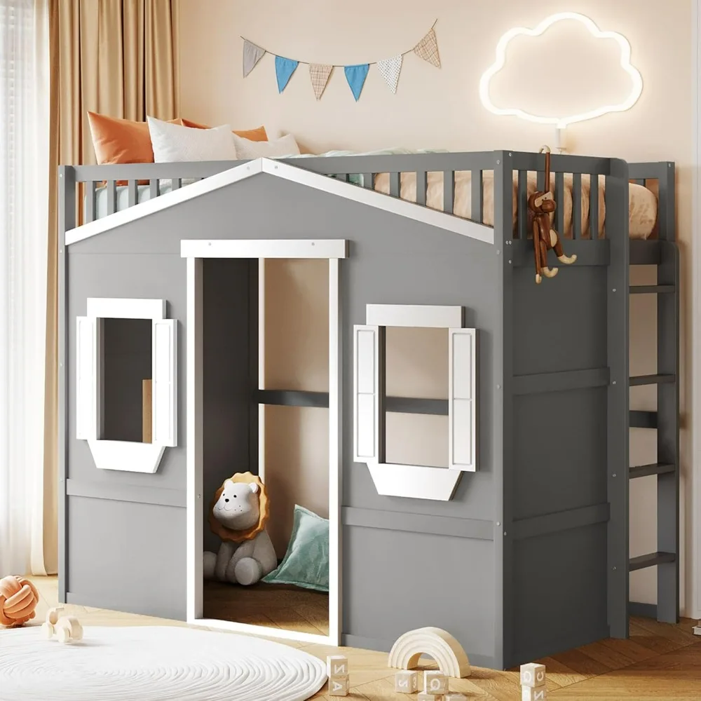 

House Loft Bed Twin Kids Playhouse Bed, Solid Wood Loft Bed Frame with Window and Ladder, for Kids Teens Adults