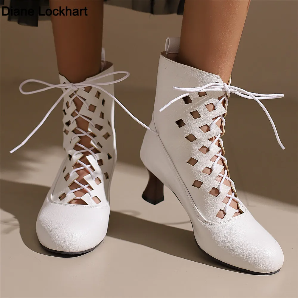 

Retro Rome Women's Hollow Out Ankle Boots Sexy Pointed Toe High Heels Shoes Cross Strap Design 2025 New Spring Summer Footwear