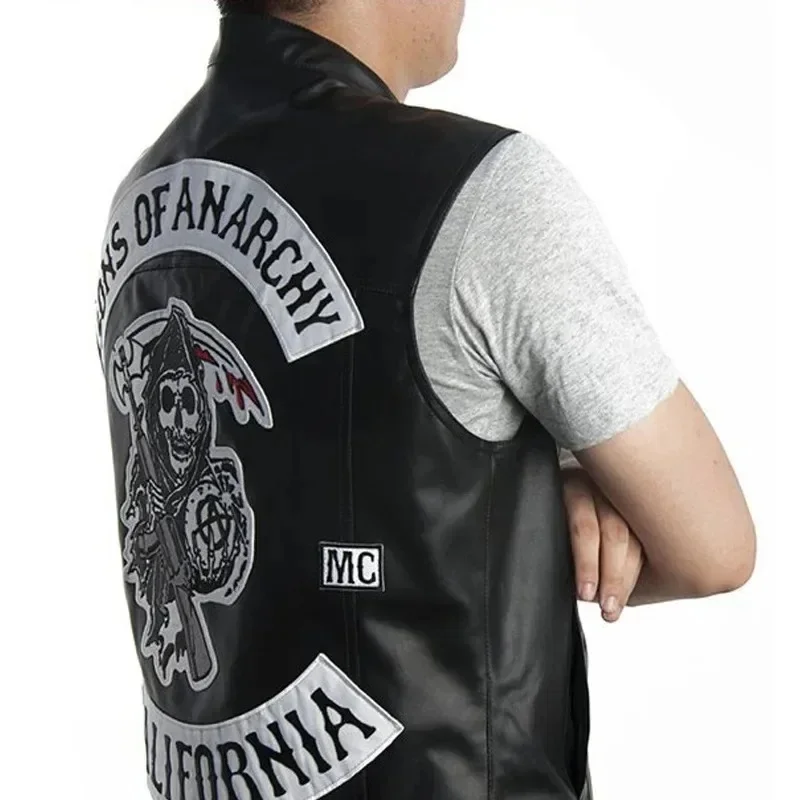 (#^.^#) 2026 New Leather Men Motorcycle Cosplay Costume Sleeveless Jacket Sons Of Anarchy Embroidery Rock Punk PU Ves →_→LOOK ME view 6