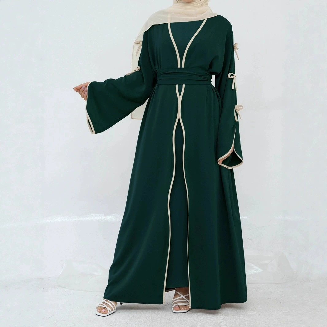 فستان عربي طويل للسيدات مع عقدة على شكل فيونكة، فستان خارجي ناعم ومريح بلون سادة مع حزام