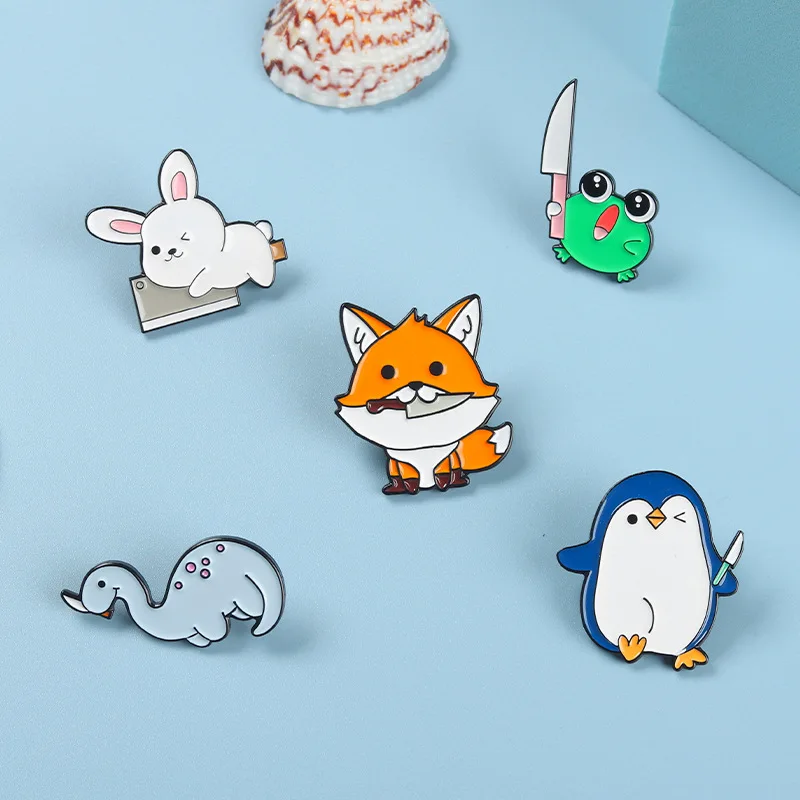 Cute Cartoon Knife Animal Alloy Enamel Brooch Creative Fox Rabbit Frog Metal Badges Trendy Backpack Accessories Jewelry Gifts