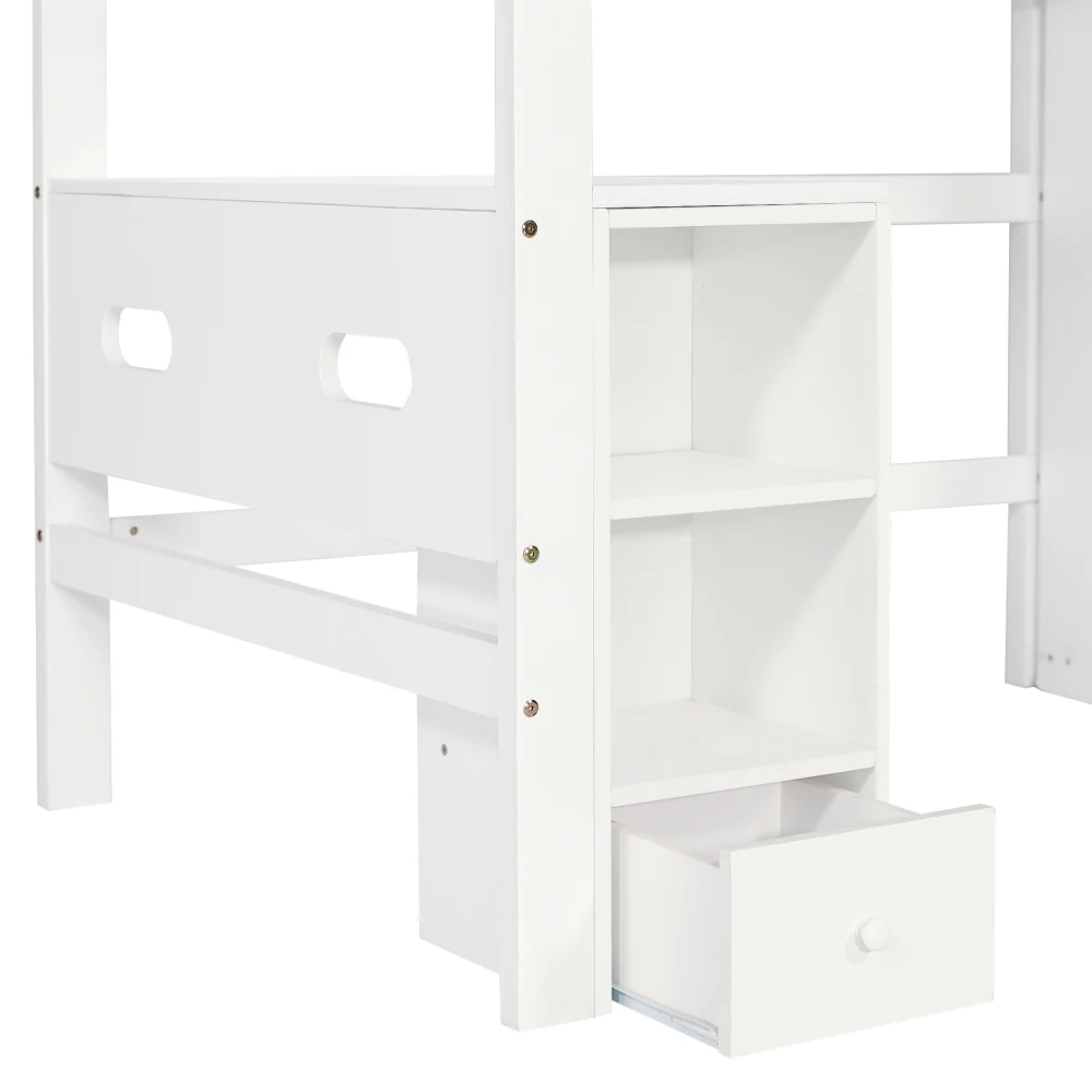 PINGGO Etagenbett für Kinder mit Fallschirmschutzgeländer, Schreibtisch, Kleiderschrank, Stauraum, 4-Stufen-Leiter, Kiefer, MDF, Sperrholz, Weiß, 90x200cm, ohne Matratze – Detail 20