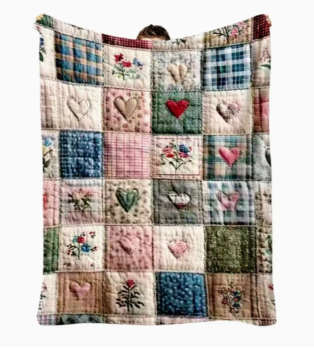 Farbenfrohe Patchwork-Blumen-Quiltdecke, Weiche Polyester-Wurfdecke mit Modernem Geometrischem Muster für Ganzjahres-Komfort, Ideal für Wohndekoration – Detail 4